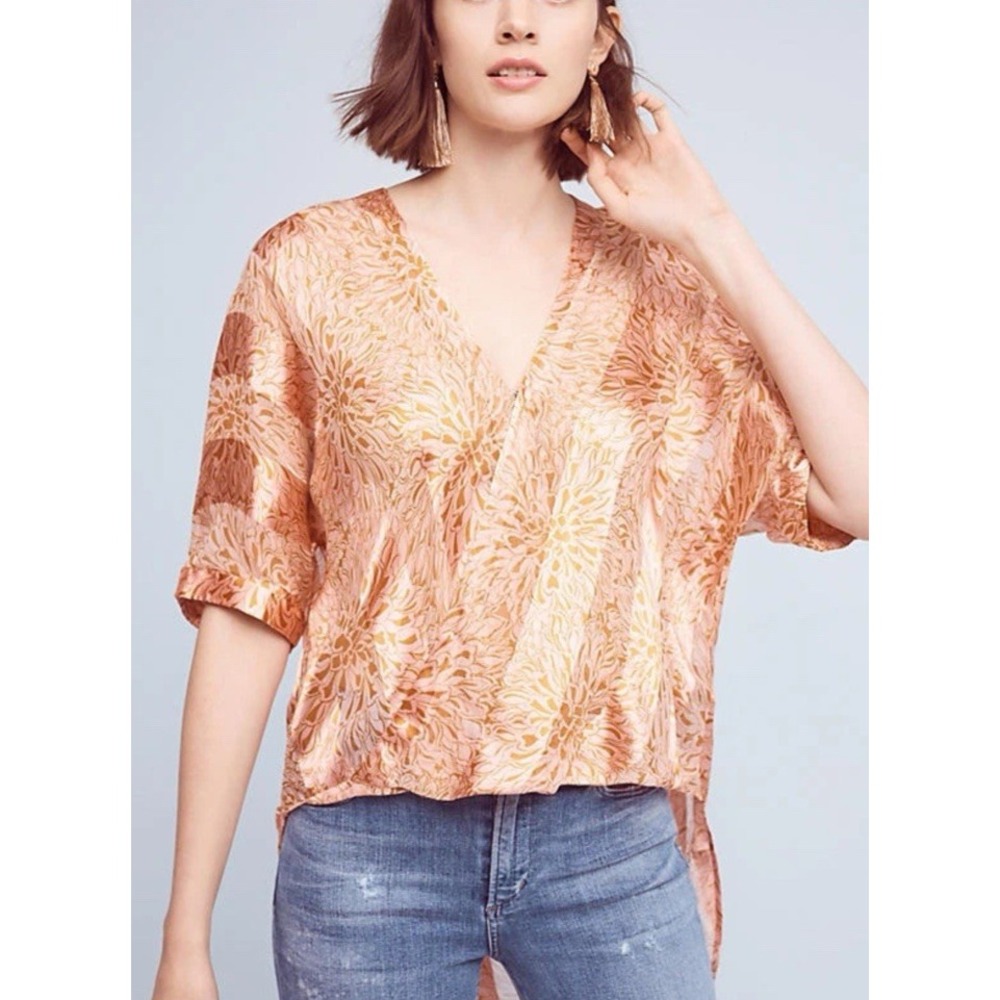 Anthropologie Floreat Womens M Silk Blend Floral Blouse Pink Orange Boho V Neck